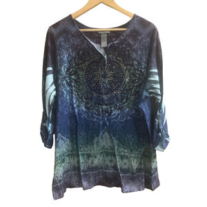 NWOT! Catherines Women’s 1X Artistry Blue and green boho blouse with rhinestone